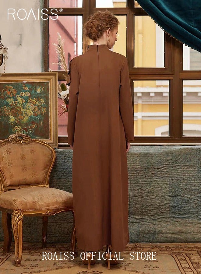 Women's Long Sleeved Long Dress Simple Solid Color Standing Collar A Word Ruffle Trim Dress for Laides Formal  Ramadan Eid al-Adha Gift for Lover Wife