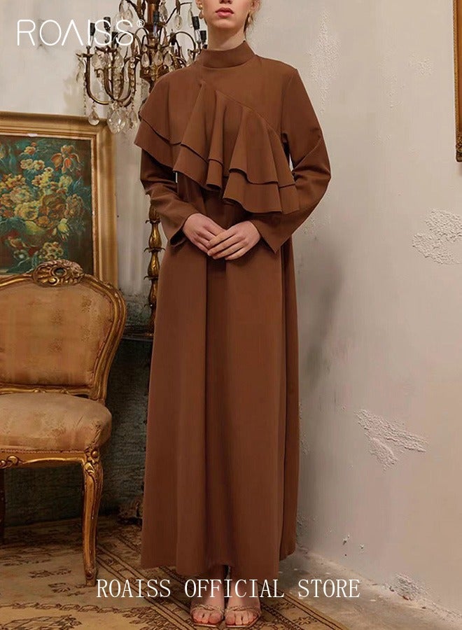 Women's Long Sleeved Long Dress Simple Solid Color Standing Collar A Word Ruffle Trim Dress for Laides Formal  Ramadan Eid al-Adha Gift for Lover Wife