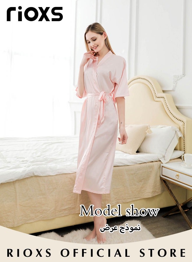 Women's Silky Robe Lightweight Kimono Bathrobe Long Belted Robes Soft Loungewear Robes