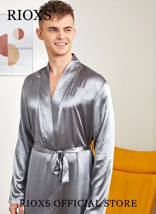 Men's Silky Satin Robe with Adjustable Tie, Skin-friendly Lightweight Kimono Bathrobe, Stylish Comfortable Nightgown, Great for Daily Wear, Beach Wear, Loungewear or Other Casual Occasions