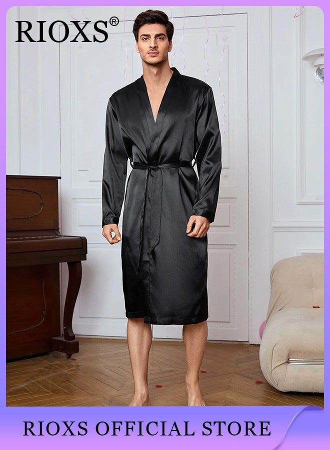 Men's Silky Satin Robe with Adjustable Tie, Skin-friendly Lightweight Kimono Bathrobe, Stylish Comfortable Nightgown, Great for Daily Wear, Beach Wear, Loungewear or Other Casual Occasions