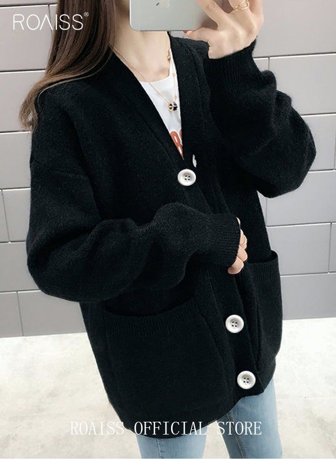 Ladies Solid Color Knitted Jacket Ladies V Neck Loose Cardigan Ladies Long Sleeve Sweater Jacket Large Pocket Design Loose Preppy Style Ladies Knitted Sweater