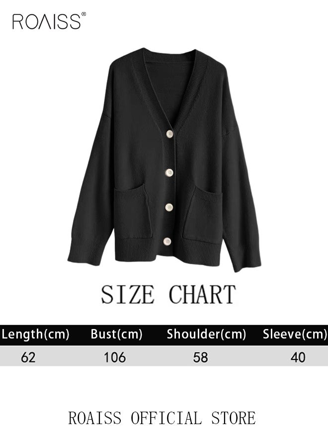 Ladies Solid Color Knitted Jacket Ladies V Neck Loose Cardigan Ladies Long Sleeve Sweater Jacket Large Pocket Design Loose Preppy Style Ladies Knitted Sweater