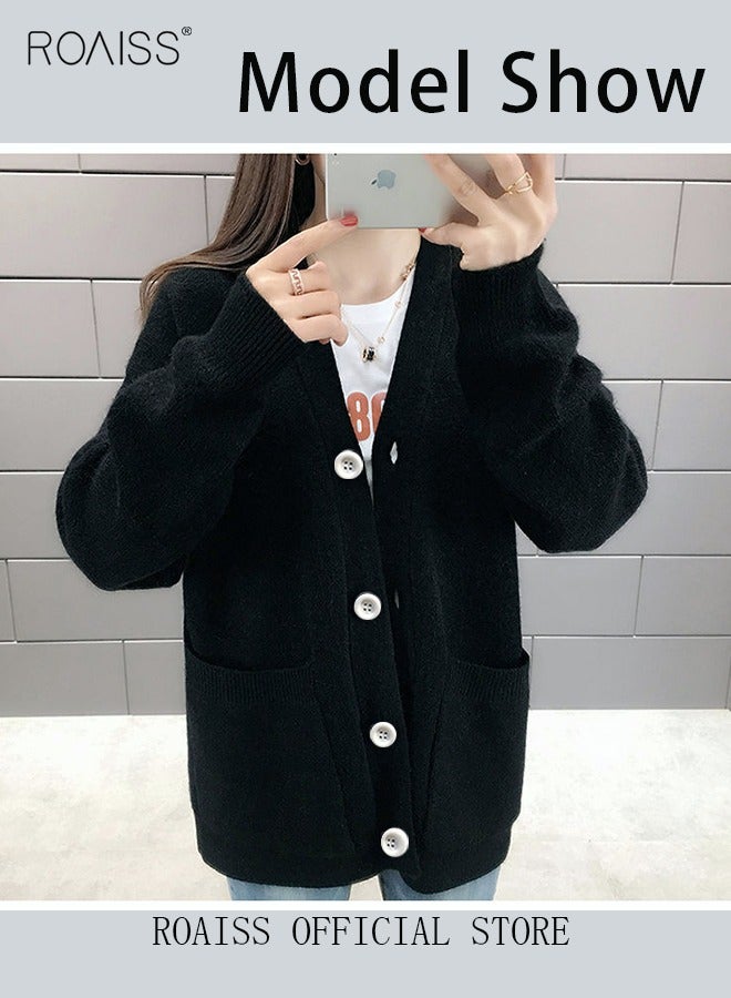 Ladies Solid Color Knitted Jacket Ladies V Neck Loose Cardigan Ladies Long Sleeve Sweater Jacket Large Pocket Design Loose Preppy Style Ladies Knitted Sweater