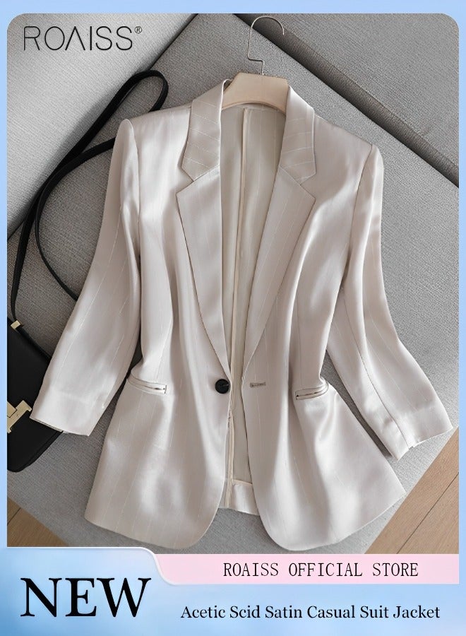 Women's Satin Smooth Suit Striped Glossy Casual Long-Sleeved Blazer
