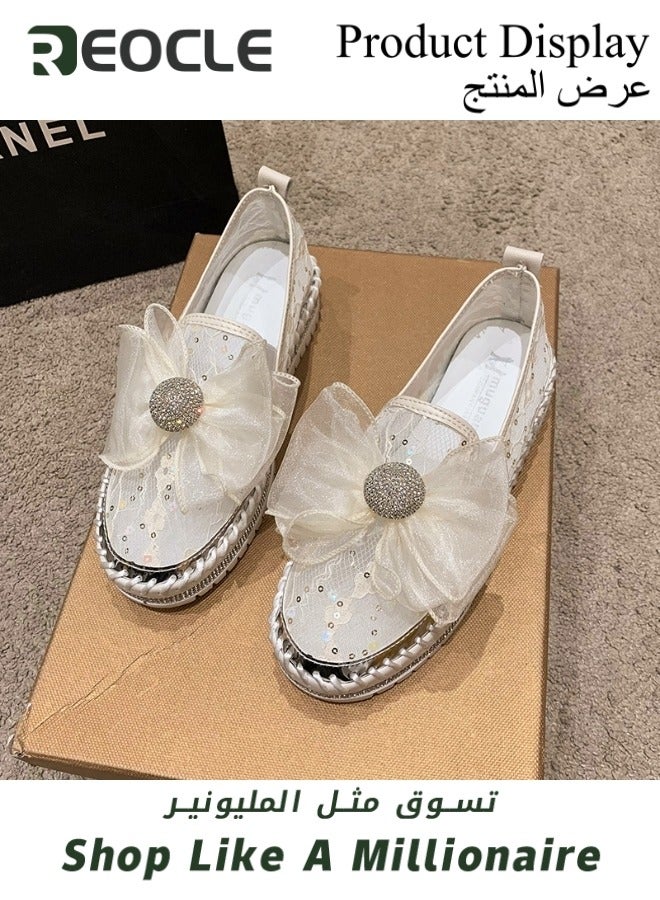 Women's Rhinestones Sneaker Glitter Bow Mesh Platform Slip On Loafers Comfort Sneaker Flat Loafer Casual Shoes