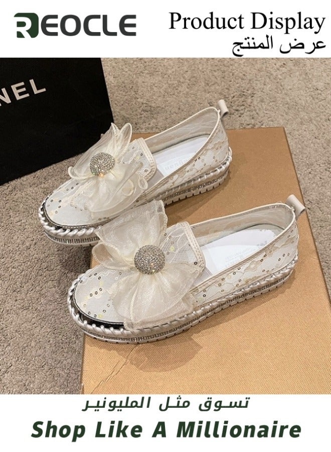 Women's Rhinestones Sneaker Glitter Bow Mesh Platform Slip On Loafers Comfort Sneaker Flat Loafer Casual Shoes