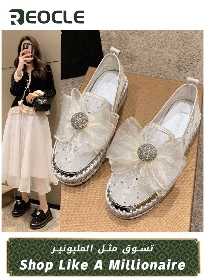 Women's Rhinestones Sneaker Glitter Bow Mesh Platform Slip On Loafers Comfort Sneaker Flat Loafer Casual Shoes