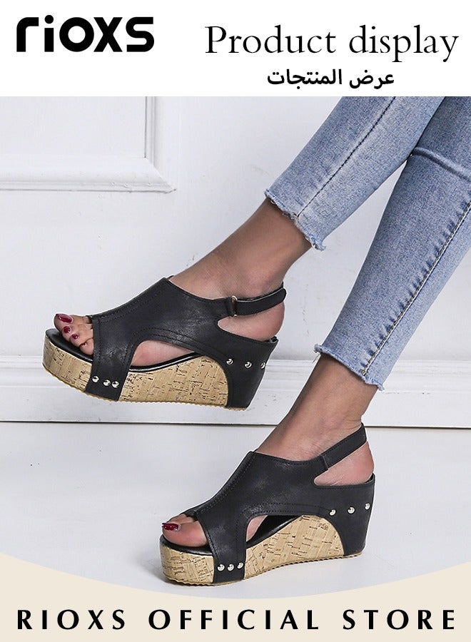 Women's Hollow Roman Wedge Sandals Round Open Toe Sandals Summer Comfortable Buckle Sandals