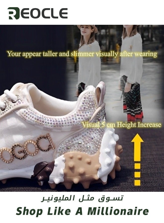 Women's Chunky Sneakers with Rhinestone New Thick Soled Casual Sports Mesh Shoes Casual Comfortable Lace Up Walking Sneakers