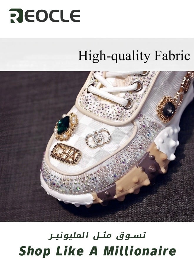 Women's Chunky Sneakers with Rhinestone New Thick Soled Casual Sports Mesh Shoes Casual Comfortable Lace Up Walking Sneakers