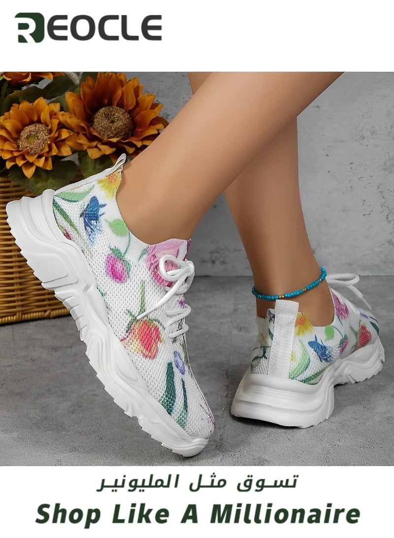 Women's Sneakers with Floral Print Mesh Breathable Orthopedic Sneakers Lace-up Breathable Shoes Casual Lightweight Tennis Shoes for Running & Walking