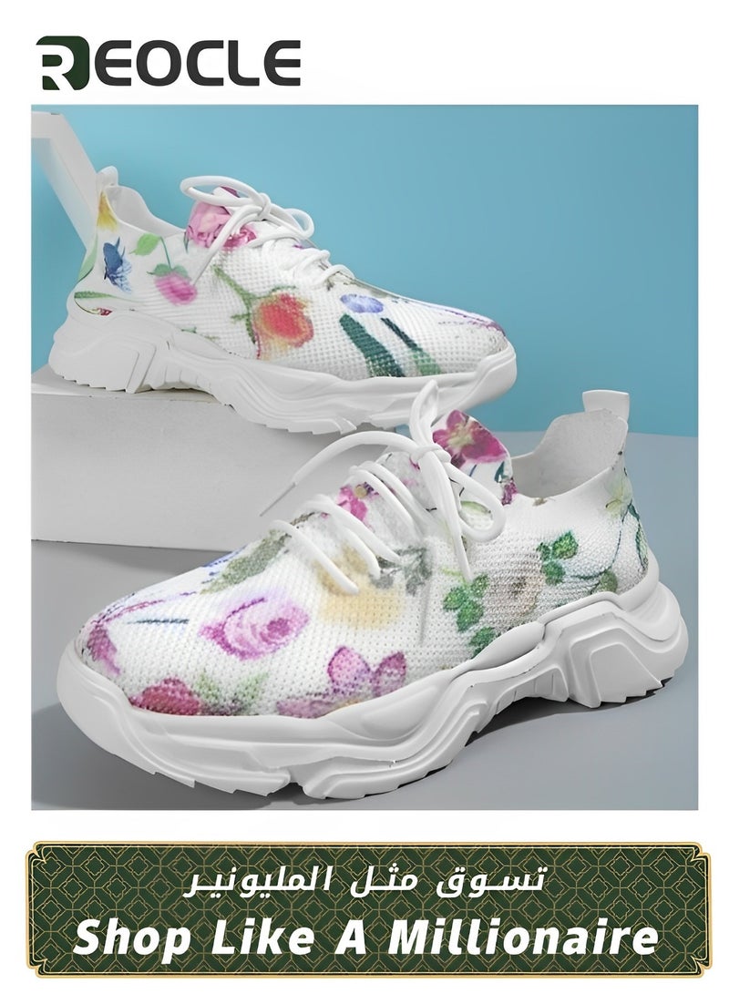 Women's Sneakers with Floral Print Mesh Breathable Orthopedic Sneakers Lace-up Breathable Shoes Casual Lightweight Tennis Shoes for Running & Walking