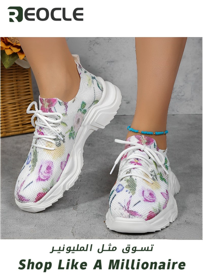 Women's Sneakers with Floral Print Mesh Breathable Orthopedic Sneakers Lace-up Breathable Shoes Casual Lightweight Tennis Shoes for Running & Walking