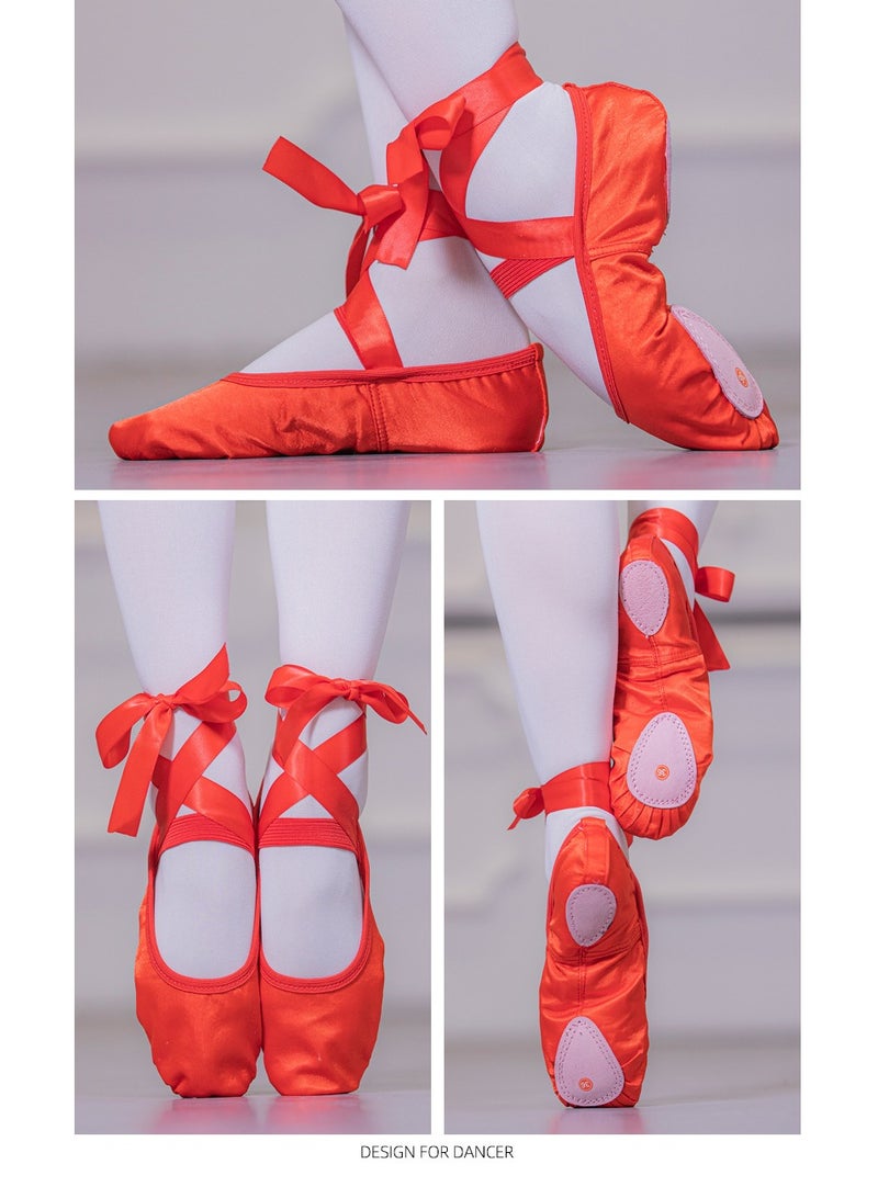 Ribbon Ballet Soft Sole Lace Up Training Dance Shoes for Women Red Color