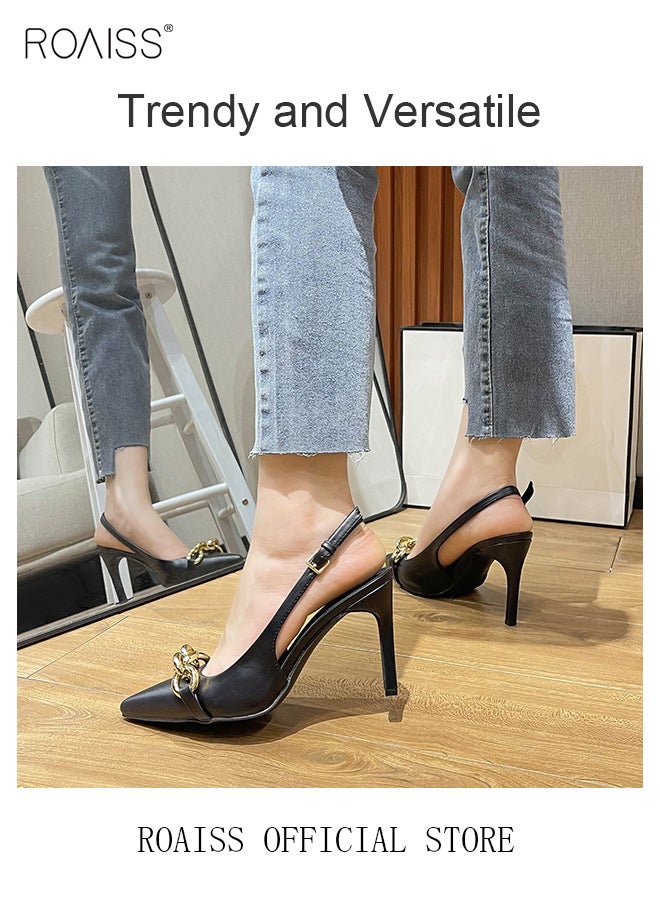 Pointed Toe High Heeled Shoes For Women Slim Back Strap Stiletto Heel Shoes with Metal Chain Embellished Versatile Sandals