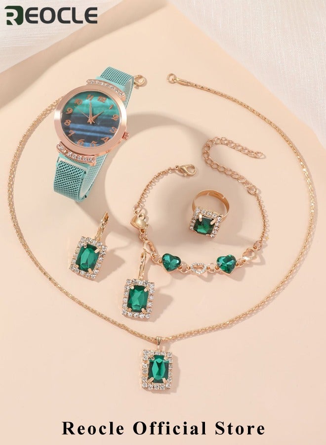 Women's Watch Bracelet Jewelry Set with Diamond Watch & Bracelet & Emerald Necklace & Earrings & Rings Premium Crystal Accented Bangle Watch and Bracelet Set for Ladies