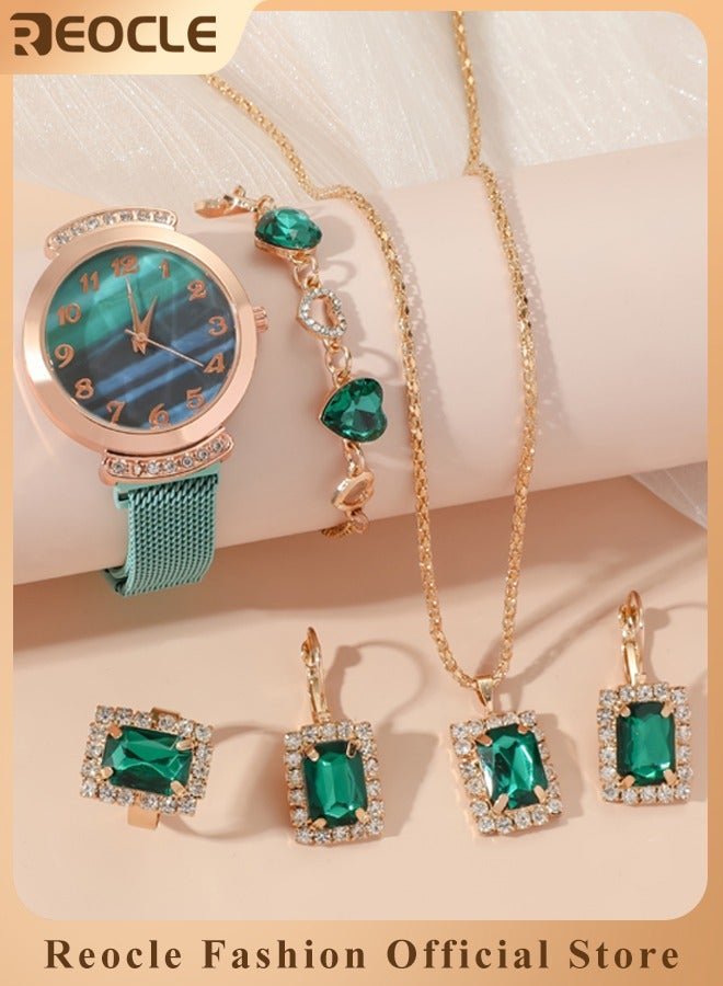 Women's Watch Bracelet Jewelry Set with Diamond Watch & Bracelet & Emerald Necklace & Earrings & Rings Premium Crystal Accented Bangle Watch and Bracelet Set for Ladies