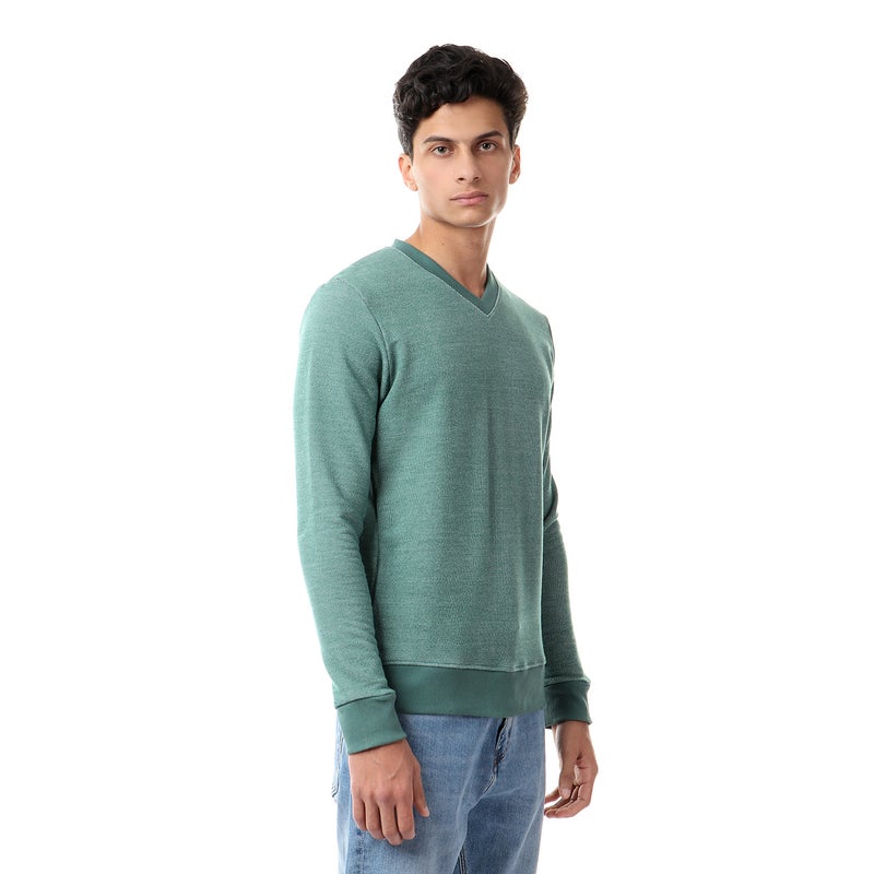 Cotton V-Neck Long Sleeve Pullover Green