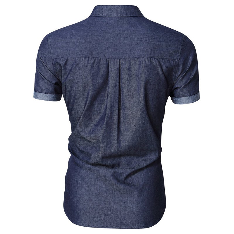 Turn-Down Collar Short Sleeves Shirt Dark Blue Two