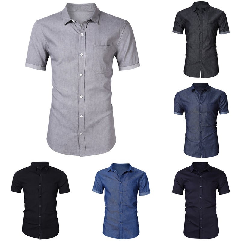 Turn-Down Collar Short Sleeves Shirt Dark Blue Two