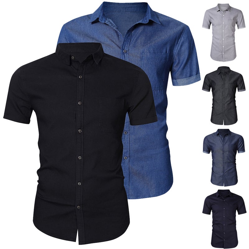 Turn-Down Collar Short Sleeves Shirt Dark Blue Two