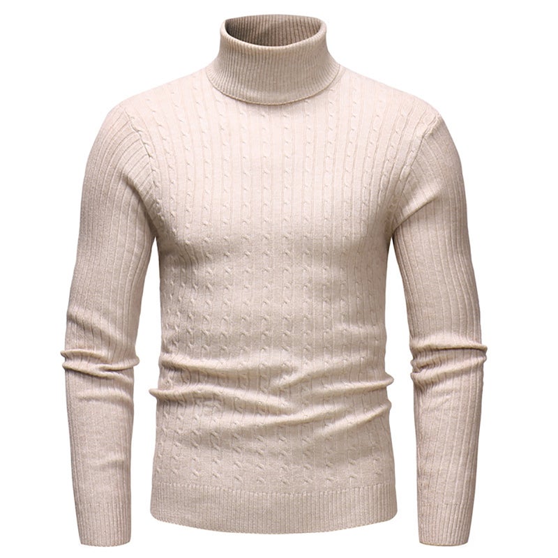 Men Autumn Winter Casual Long Sleeved Turtleneck Sweater Top Beige