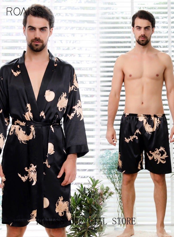 Pajama Shorts and Robe for Men Silk Dragon Pattern Pajamas Bathrobe gift for Boyfriend Husband Summer Loungewear Nightwear for Men