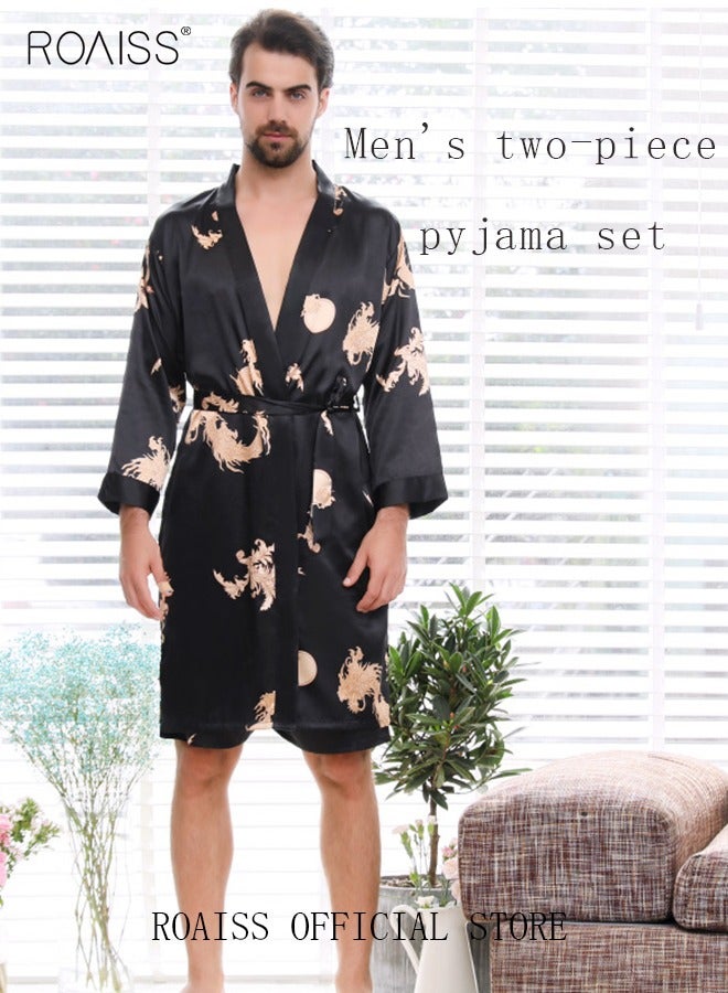 Pajama Shorts and Robe for Men Silk Dragon Pattern Pajamas Bathrobe gift for Boyfriend Husband Summer Loungewear Nightwear for Men