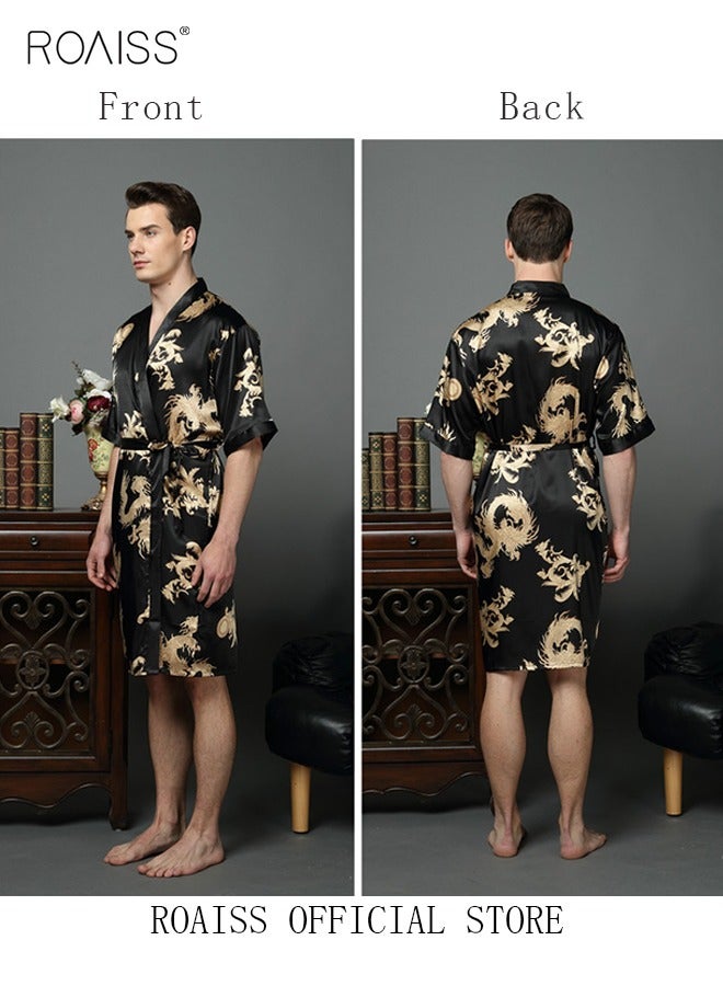 Pajama Shorts and Robe for Men Silk Dragon Pattern Pajamas Bathrobe gift for Boyfriend Husband Summer Loungewear Nightwear for Men