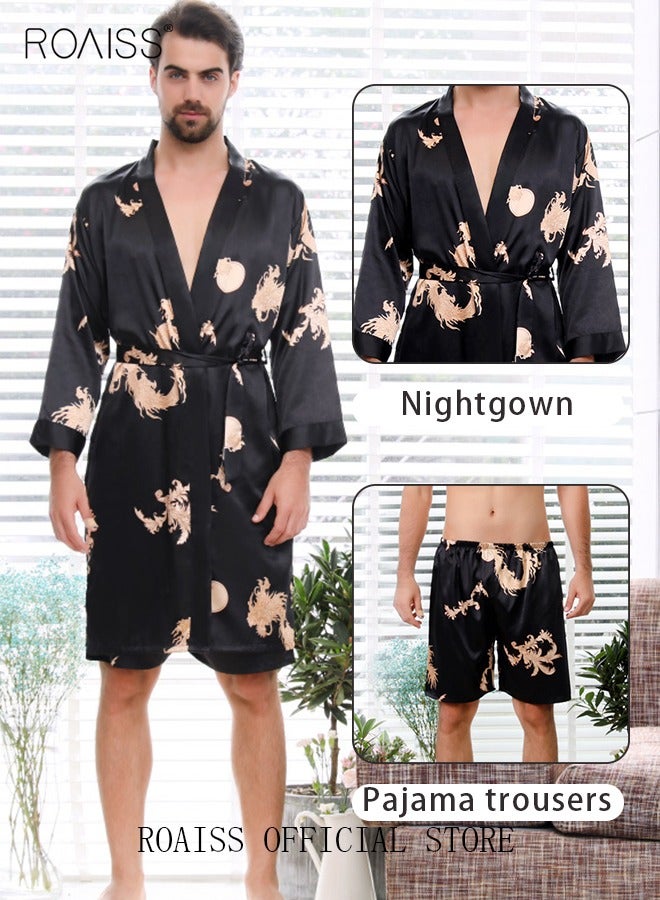 Pajama Shorts and Robe for Men Silk Dragon Pattern Pajamas Bathrobe gift for Boyfriend Husband Summer Loungewear Nightwear for Men