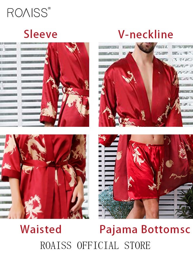 Pajama Shorts and Robe for Men Silk Dragon Pattern Pajamas Bathrobe gift for Boyfriend Husband Summer Loungewear Nightwear for Men