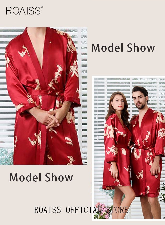 Pajama Shorts and Robe for Men Silk Dragon Pattern Pajamas Bathrobe gift for Boyfriend Husband Summer Loungewear Nightwear for Men