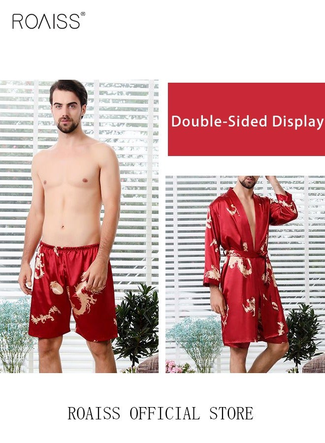 Pajama Shorts and Robe for Men Silk Dragon Pattern Pajamas Bathrobe gift for Boyfriend Husband Summer Loungewear Nightwear for Men