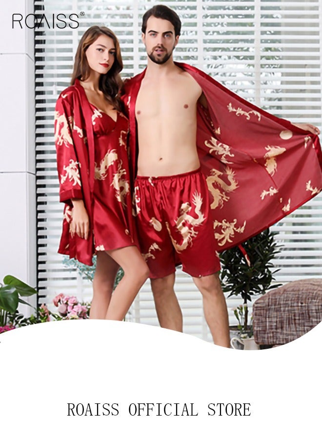 Pajama Shorts and Robe for Men Silk Dragon Pattern Pajamas Bathrobe gift for Boyfriend Husband Summer Loungewear Nightwear for Men