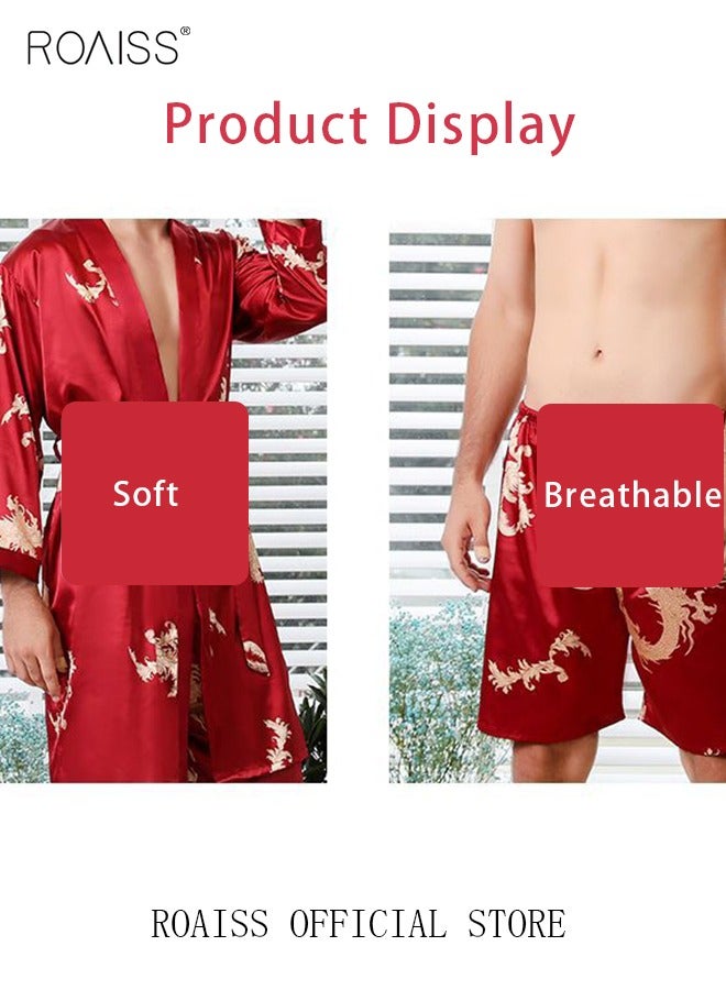 Pajama Shorts and Robe for Men Silk Dragon Pattern Pajamas Bathrobe gift for Boyfriend Husband Summer Loungewear Nightwear for Men