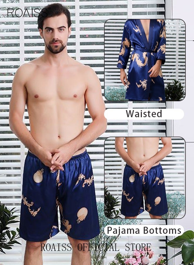 Pajama Shorts and Robe for Men Silk Dragon Pattern Pajamas Bathrobe gift for Boyfriend Husband Summer Loungewear Nightwear for Men