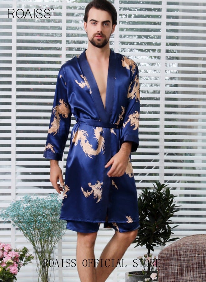 Pajama Shorts and Robe for Men Silk Dragon Pattern Pajamas Bathrobe gift for Boyfriend Husband Summer Loungewear Nightwear for Men