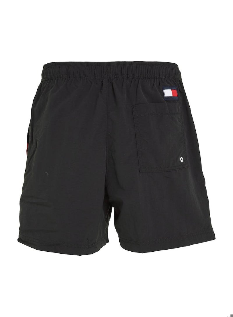 Men's Flag Mid Length Drawstring Slim Swim Shorts, Black