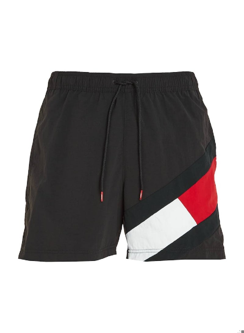 Men's Flag Mid Length Drawstring Slim Swim Shorts, Black