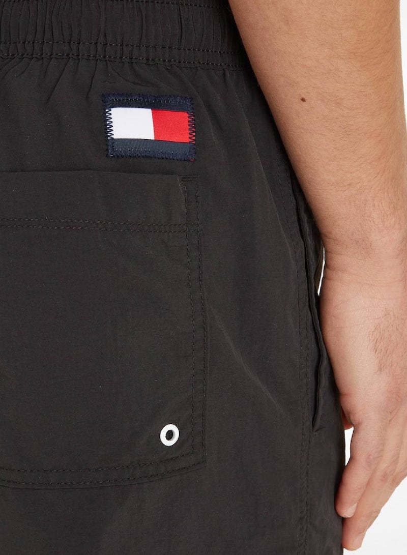 Men's Flag Mid Length Drawstring Slim Swim Shorts, Black