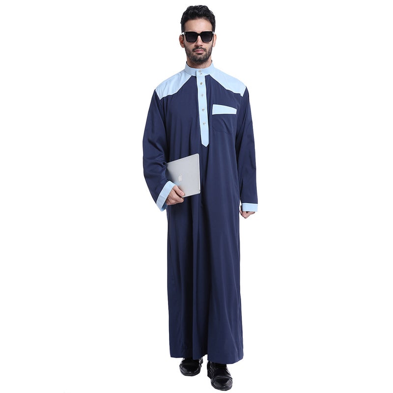 Casual Wear Round Neck National Costume Robe Blue