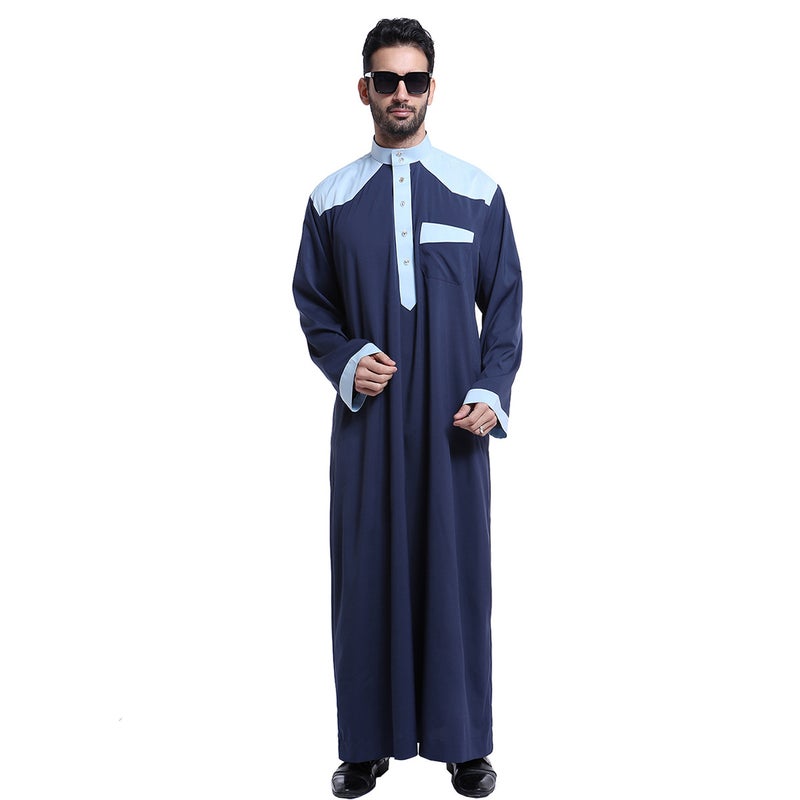 Casual Wear Round Neck National Costume Robe Blue