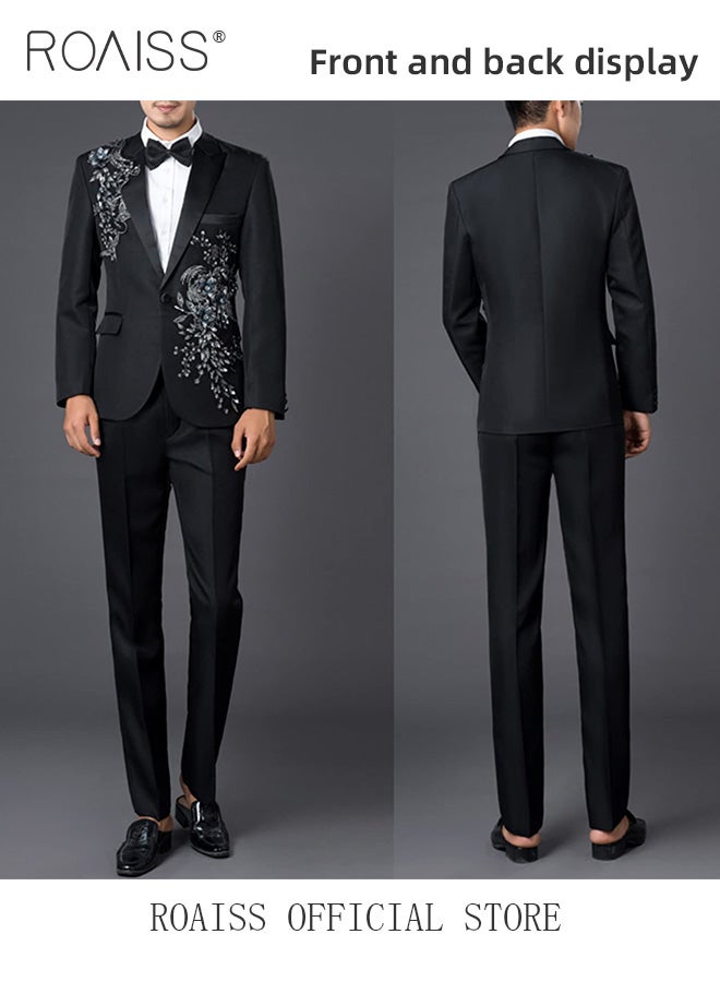 2 Piece Slim Fit Formal Suits for Men Crystal 3D Rhinestones Embroidery Blazer and Pants Set for Wedding Performance or Celebration with Single Breasted 1 Botton