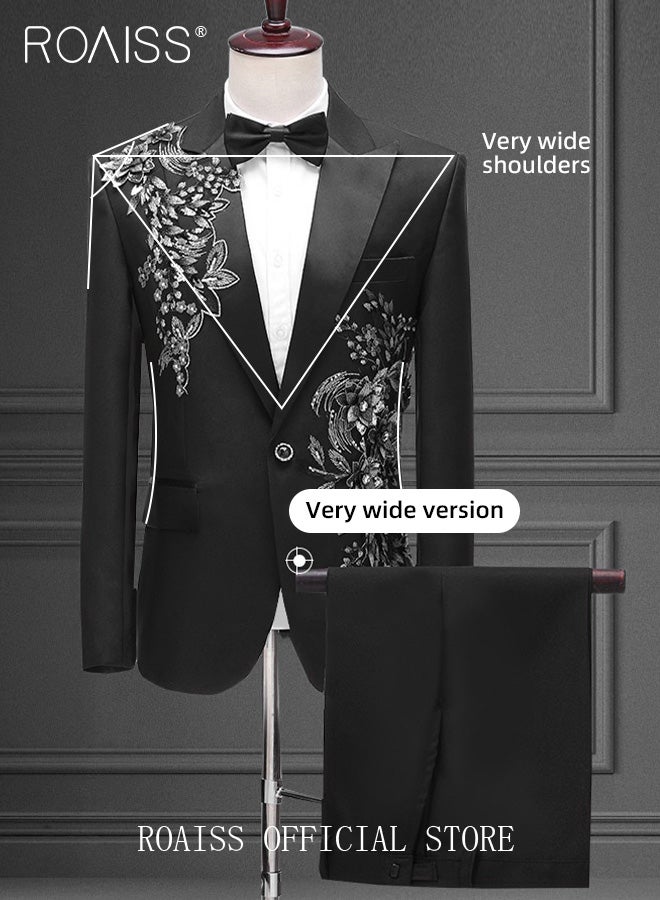 2 Piece Slim Fit Formal Suits for Men Crystal 3D Rhinestones Embroidery Blazer and Pants Set for Wedding Performance or Celebration with Single Breasted 1 Botton