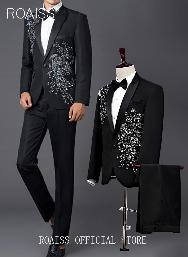 2 Piece Slim Fit Formal Suits for Men Crystal 3D Rhinestones Embroidery Blazer and Pants Set for Wedding Performance or Celebration with Single Breasted 1 Botton