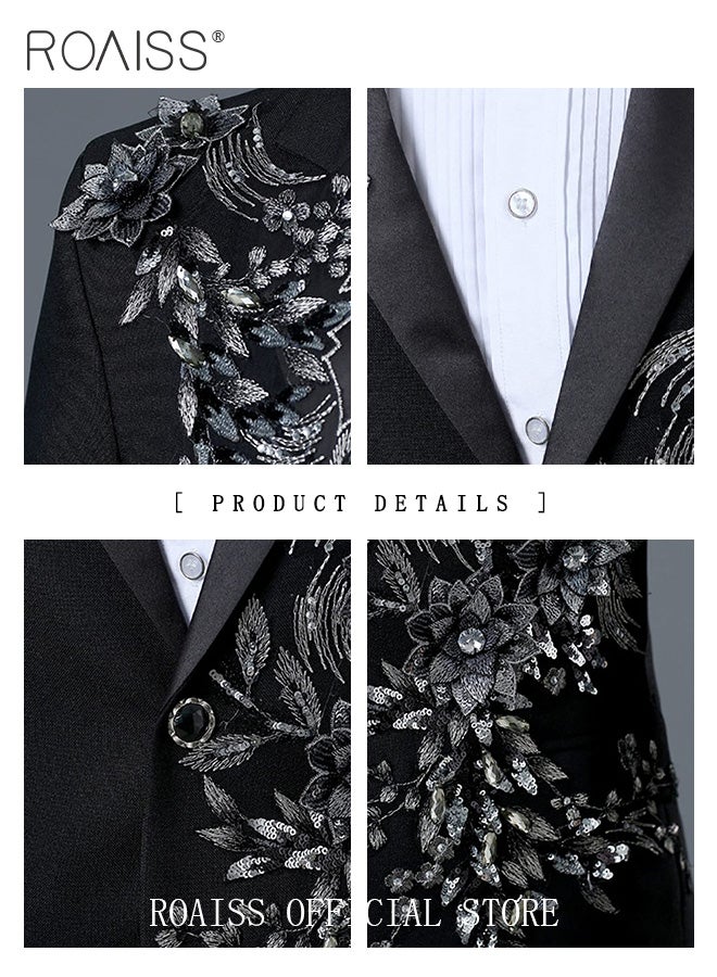 2 Piece Slim Fit Formal Suits for Men Crystal 3D Rhinestones Embroidery Blazer and Pants Set for Wedding Performance or Celebration with Single Breasted 1 Botton