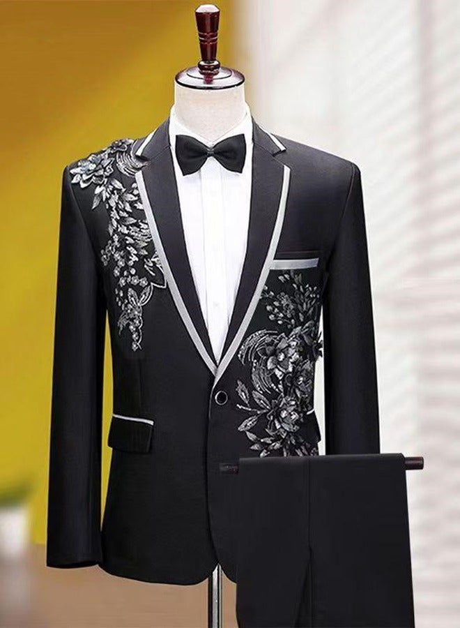 2 Piece Slim Fit Formal Suits for Men Crystal 3D Rhinestones Embroidery Blazer and Pants Set for Wedding Performance or Celebration with Single Breasted 1 Botton