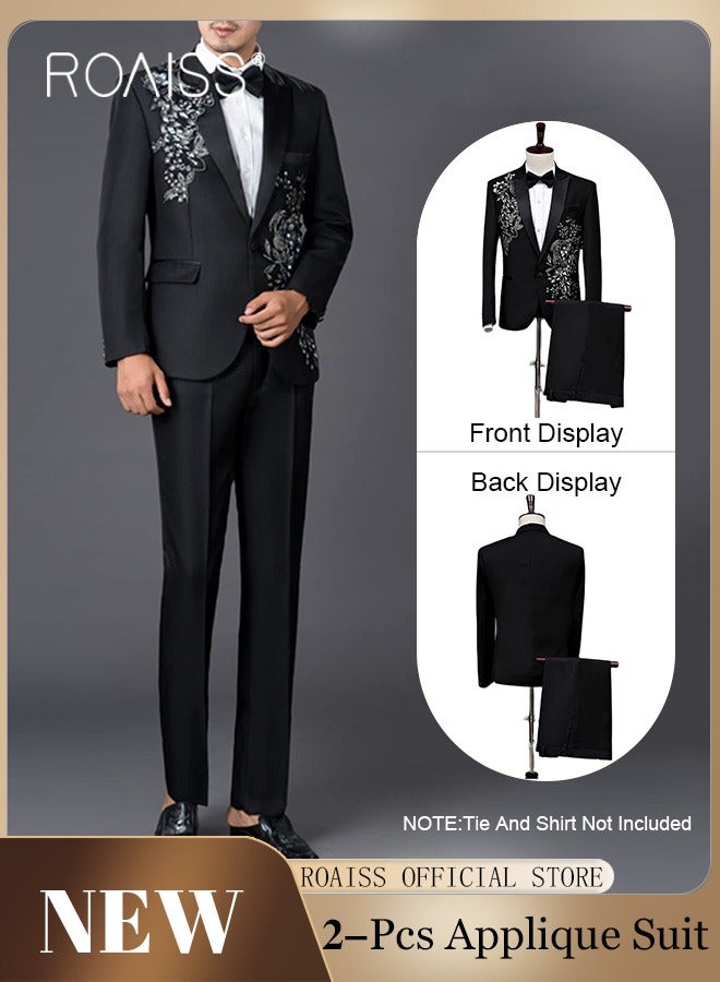 2 Piece Slim Fit Formal Suits for Men Crystal 3D Rhinestones Embroidery Blazer and Pants Set for Wedding Performance or Celebration with Single Breasted 1 Botton