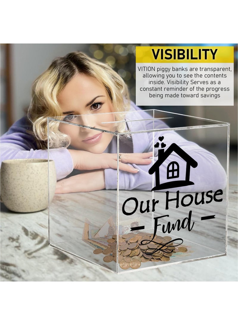 Piggy Bank for Adults Kids, Acrylic Piggy Bank for Boys Girls to Saving Money Cash Coin, Must Break to Open (Our House Fund, 18 x 18 cm)